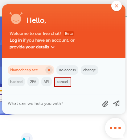 Namecheap LiveChat Support – cancel