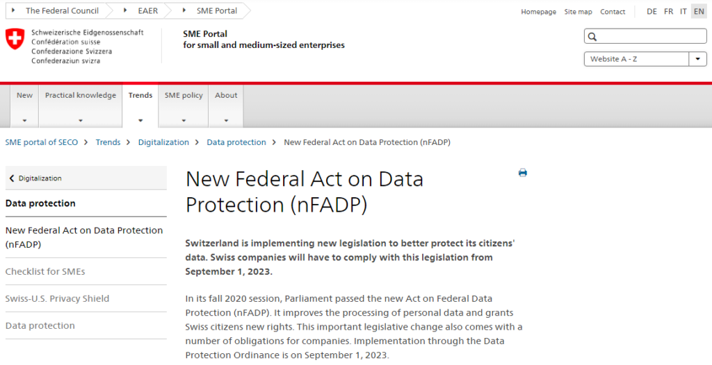 New Federal Act on Data Protection (nFADP) - Swiss